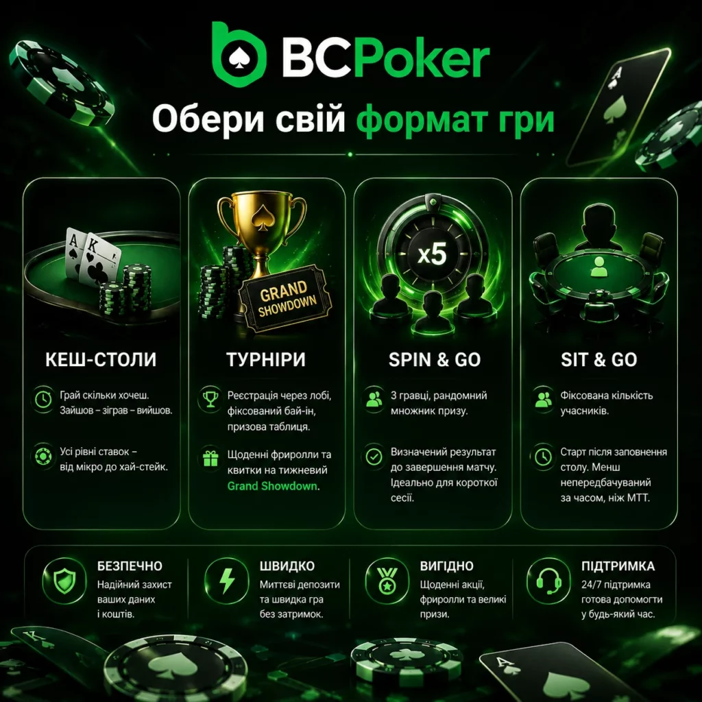 Інфографіка форматів гри BC Poker з кеш-столами, турнірами, Spin & Go та Sit & Go у неоновому зеленому стилі покеру
