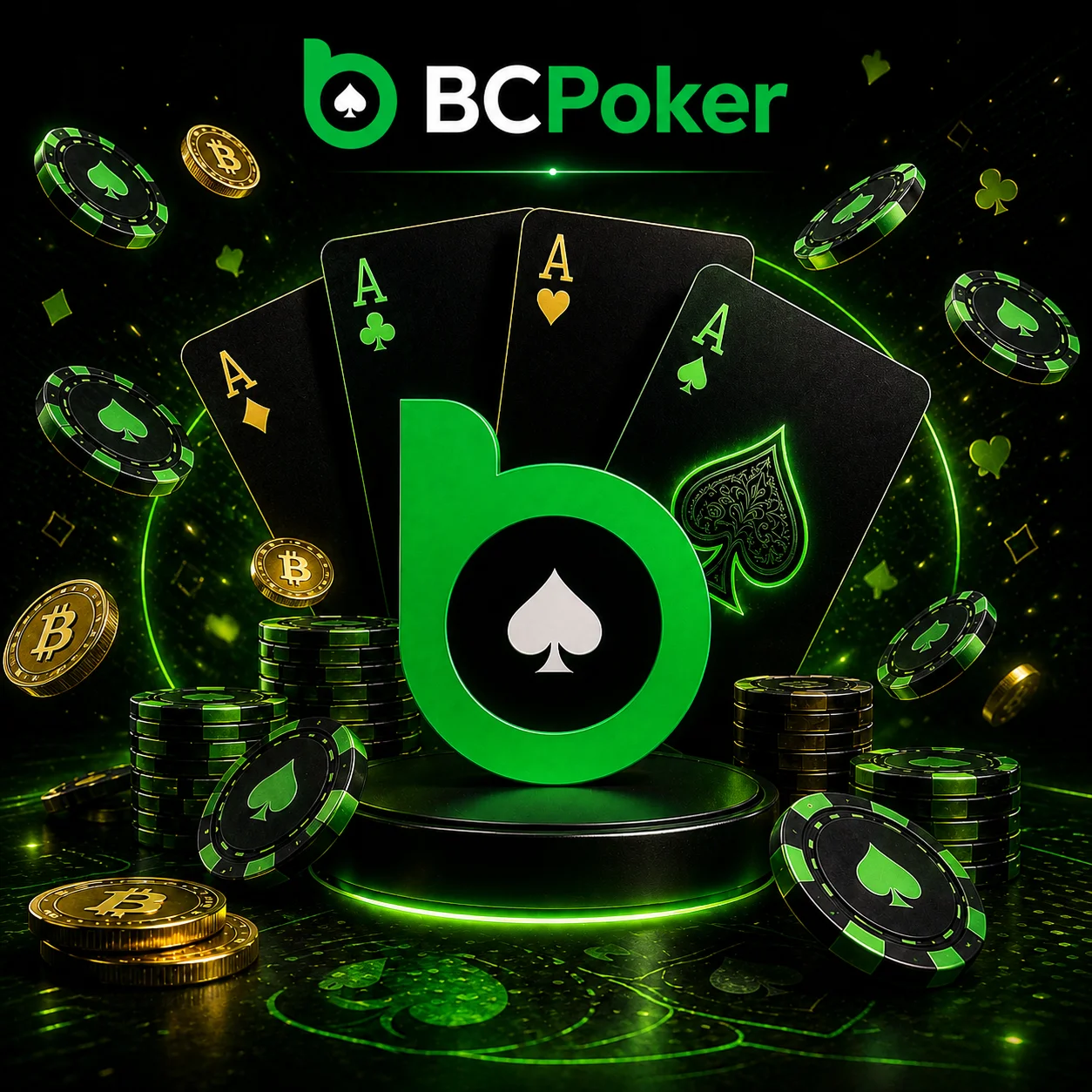 Промо-банер BC Poker з логотипом, чотирма покерними картами, неоновими фішками та криптомонетами у зеленому стилі