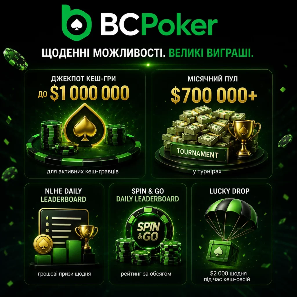 Промо-инфографика BC Poker с кеш-джекпотом до $1 000 000, турнирным пулом $700 000+, ежедневными лидербордами и Lucky Drop бонусами