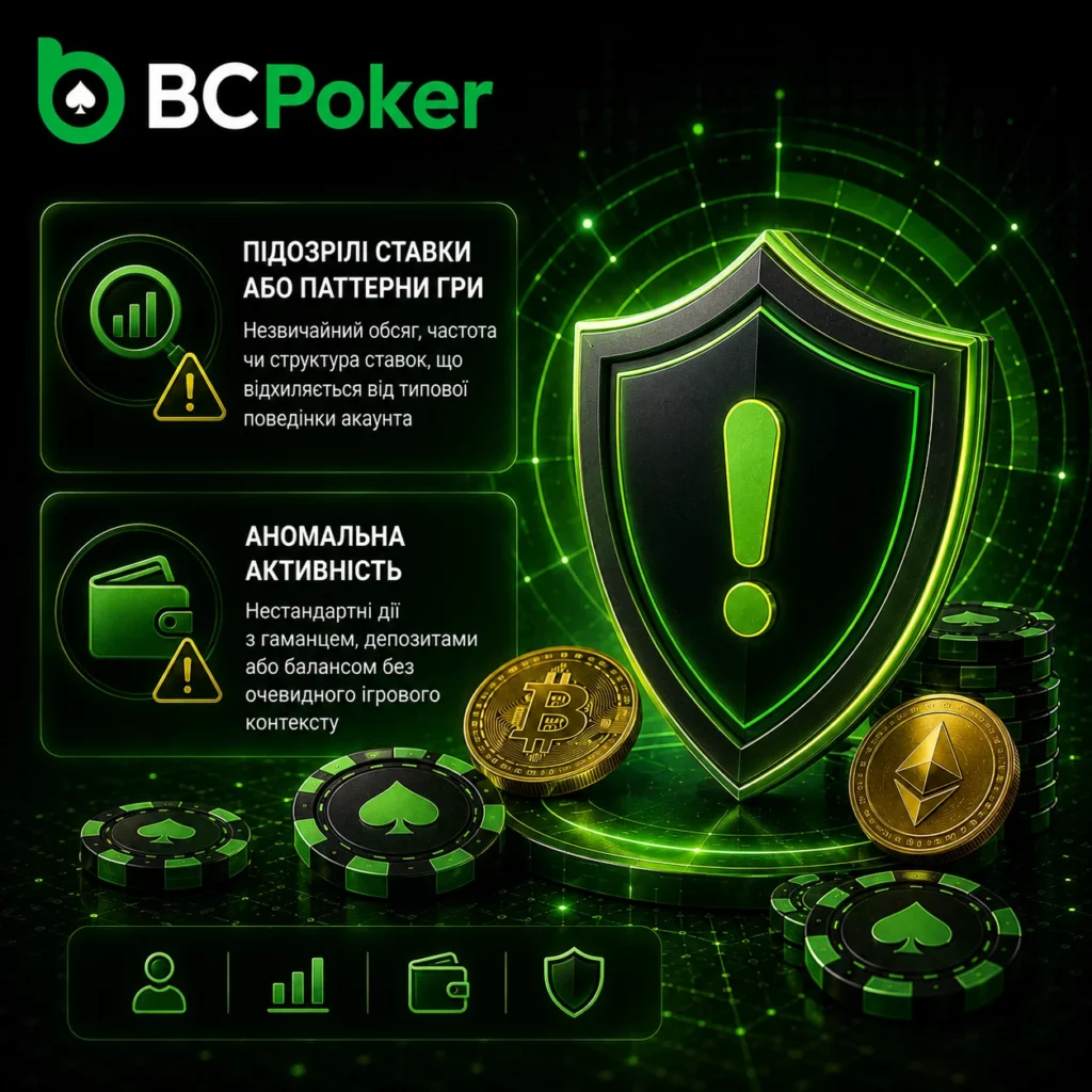 Інфографіка BC Poker з моніторингом ризиків, підозрілими ставками, аномальною активністю та системою контролю безпеки акаунта