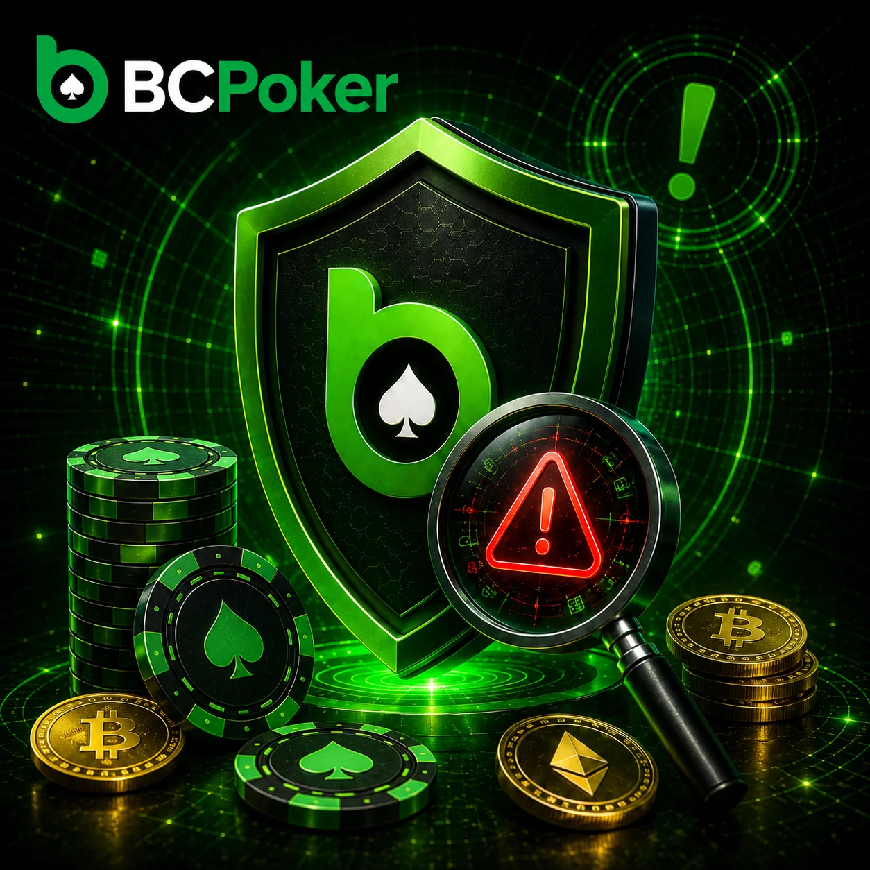 Банер BC Poker із захисним щитом, моніторингом ризиків, покерними фішками та криптомонетами у неоновому стилі безпеки