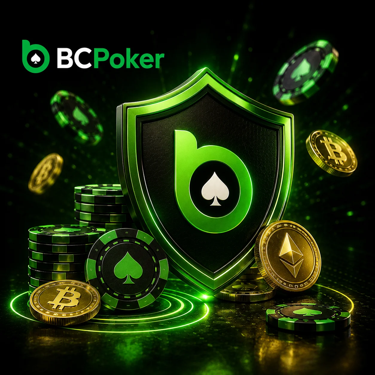 Банер BC Poker із захисним щитом, покерними фішками, криптомонетами та неоновими елементами безпеки у зеленому стилі