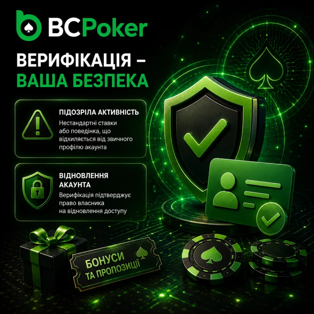 Інфографіка верифікації BC Poker із перевіркою акаунта, захистом профілю, підтвердженням особистості та безпекою гравця у неоновому стилі